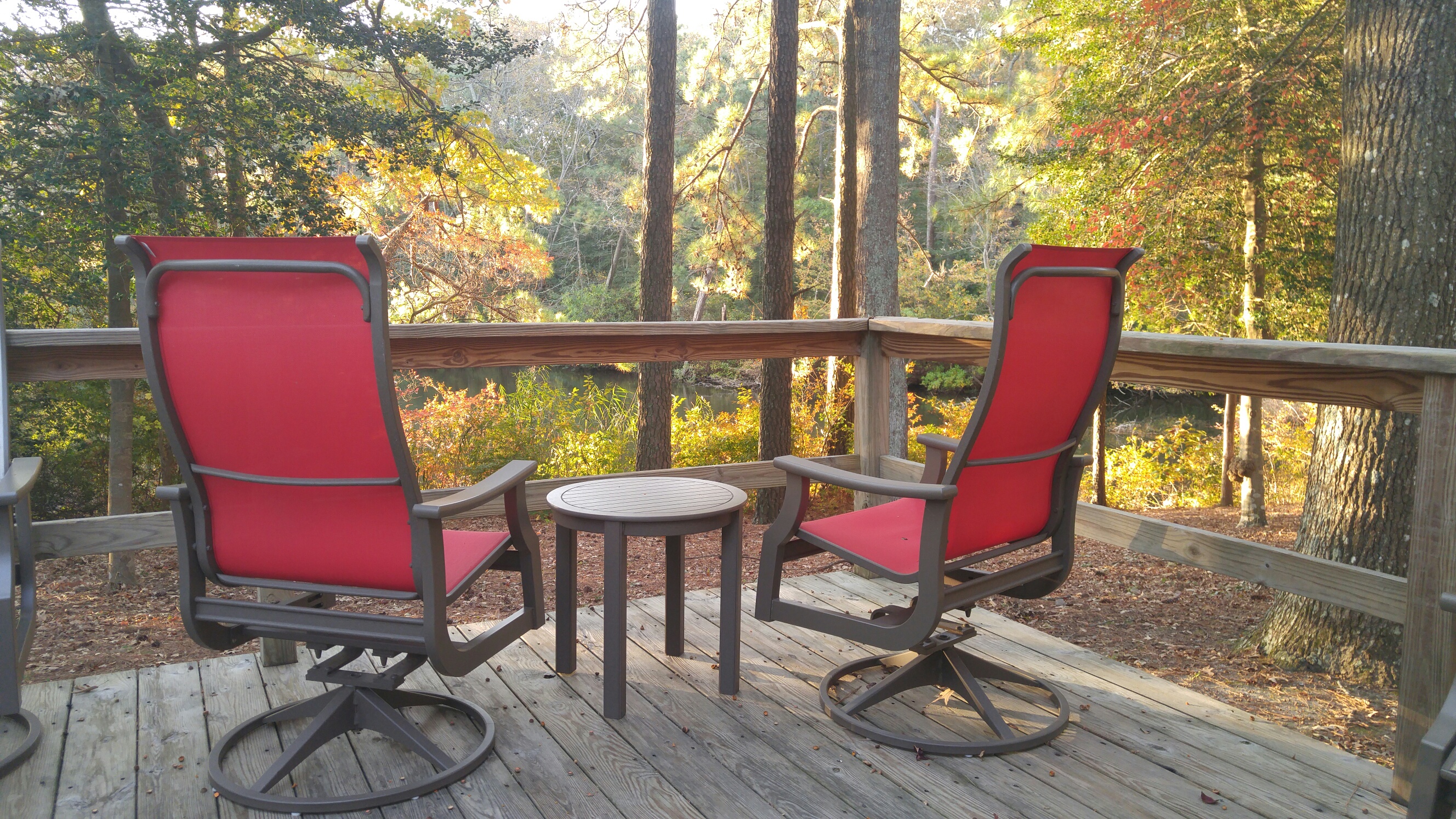 2 red chairs deck